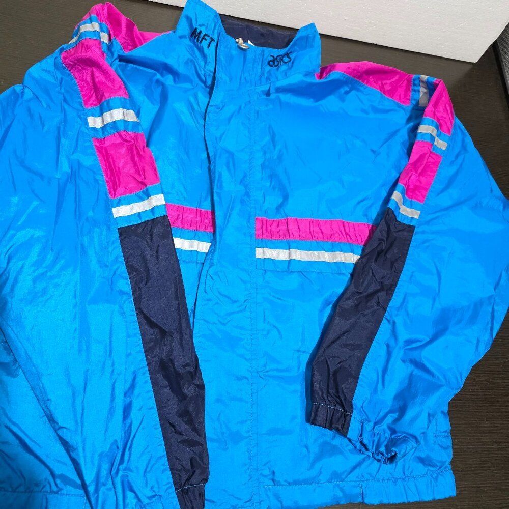 Asics Blue Multicolor Colorblock Nylon Windbreaker Jacket Lined Men's M